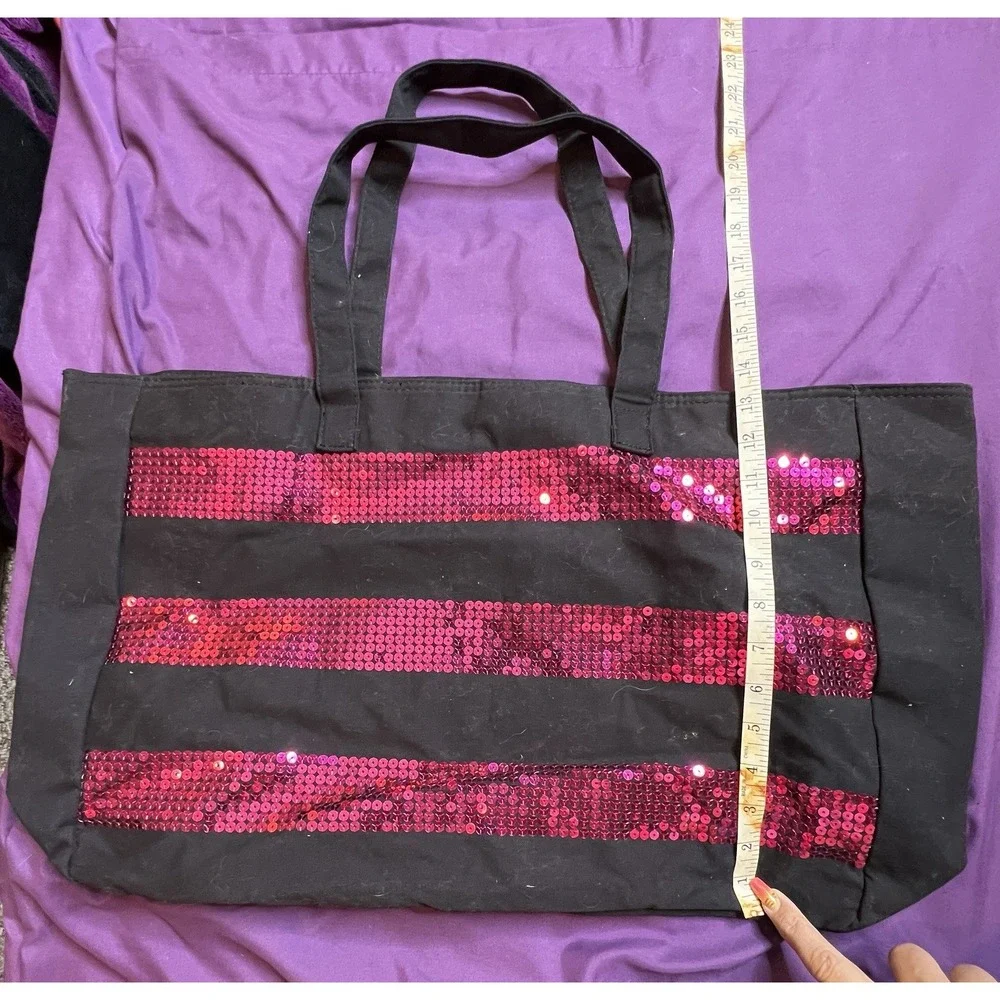 Victoria's Secret Women's Extra Large Black Canvas And Pink Sequin Tote Bag EUC